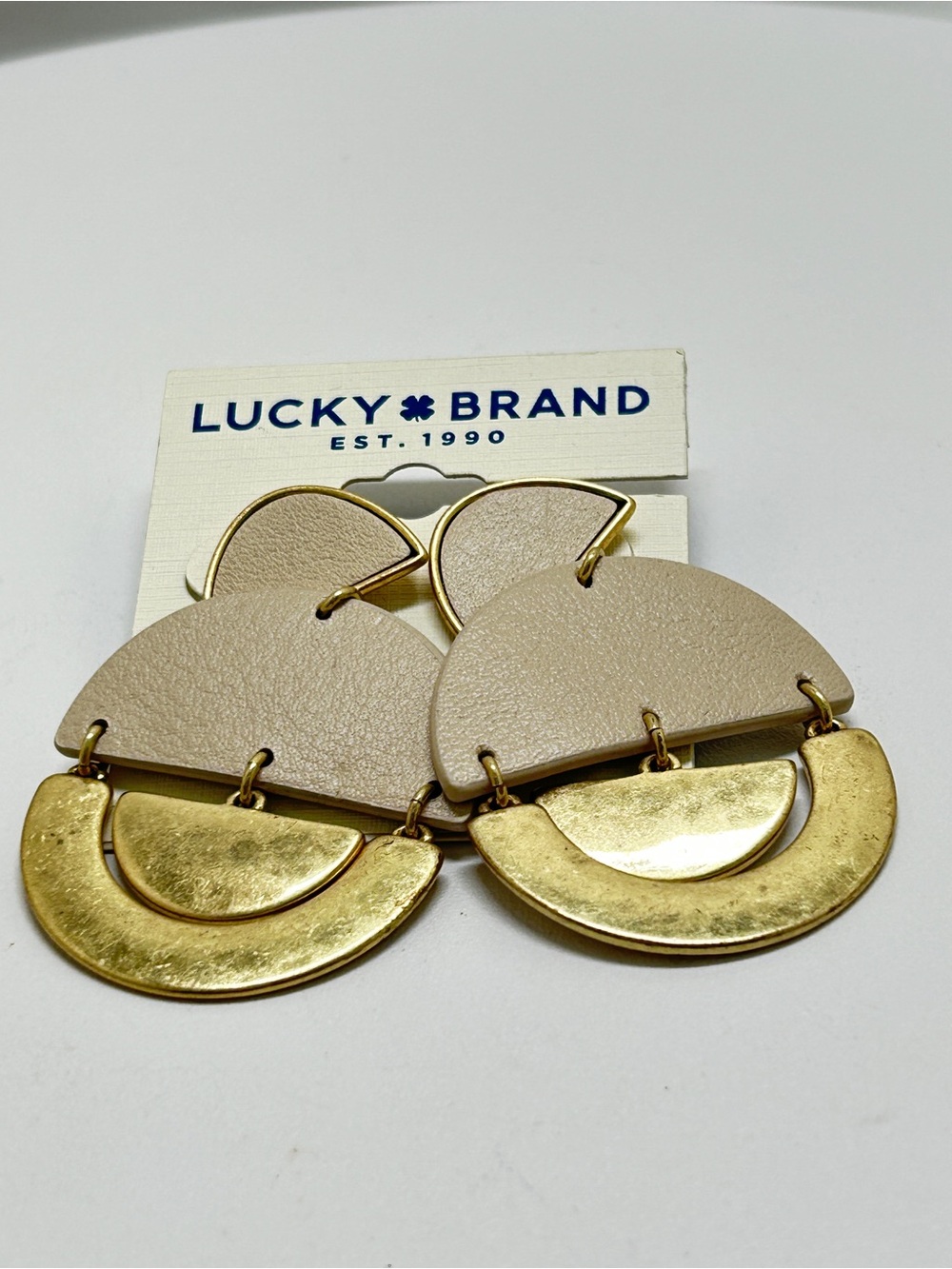 Lucky Brand, Gold And Tan Leather Half Moon Dangly Earrings, Studs, Neutral, NOC